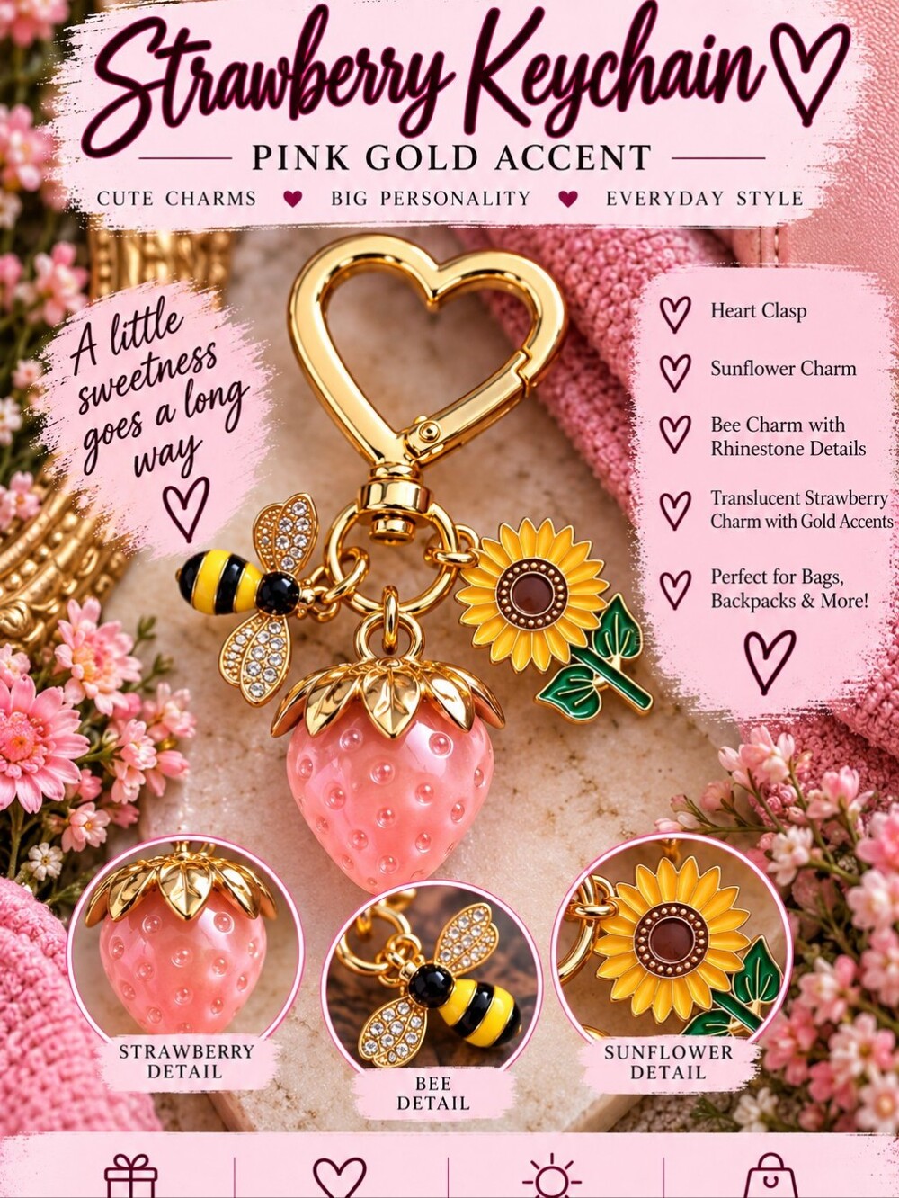 Pink Gold Strawberry Keychain with Bee & Sunflower Charms!!